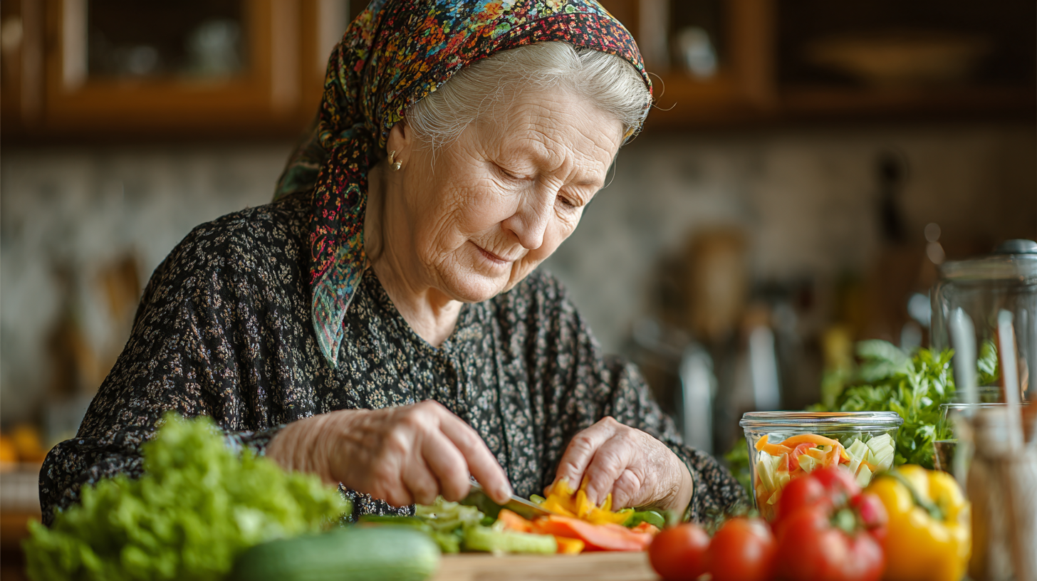 Літня пара готує здорову їжу на кухні разом